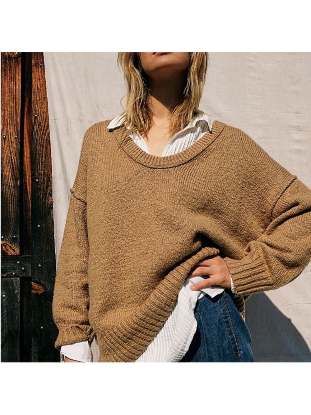 Free People Brookside Crewneck Sweater in Camel